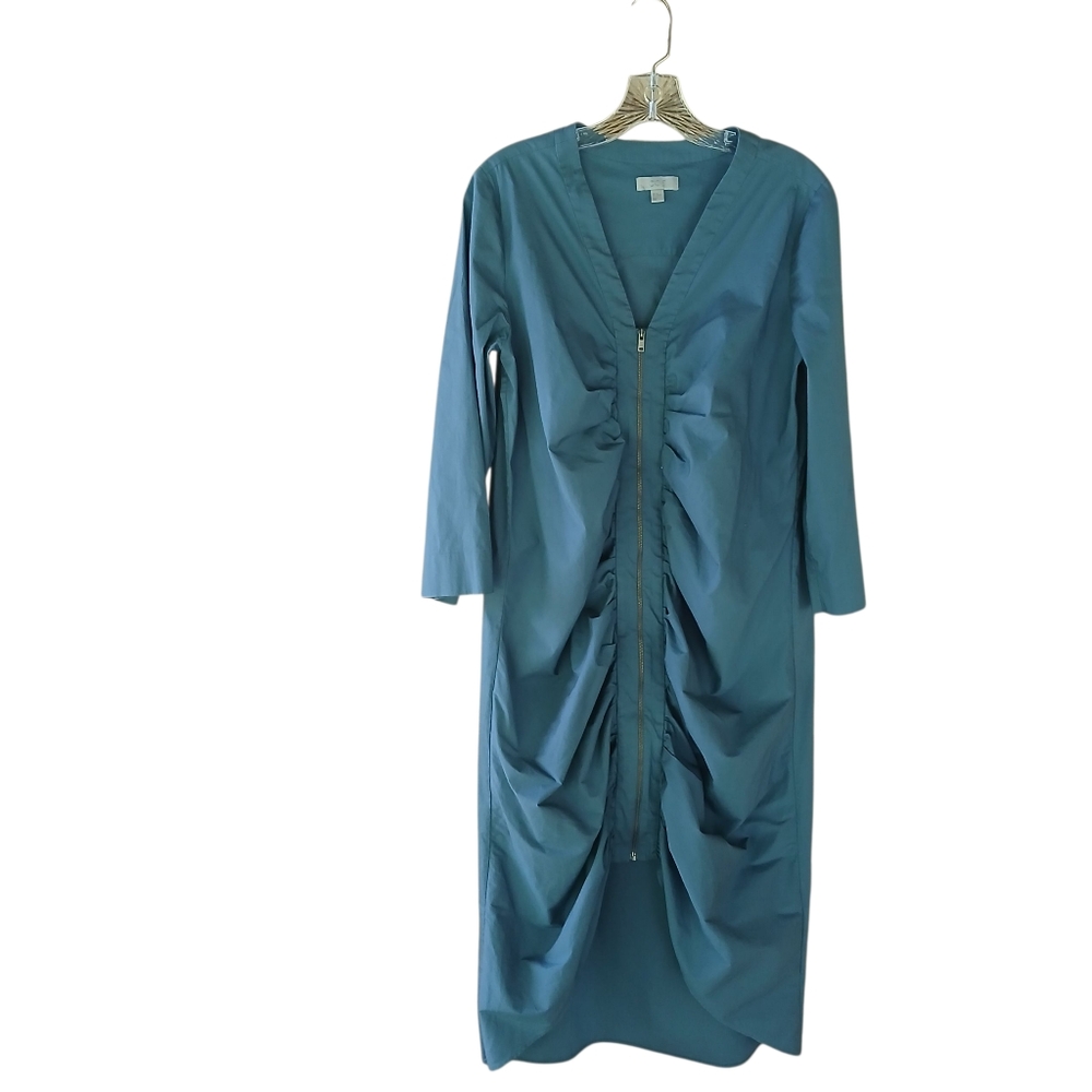 COS Slate Blue Ruched Front Zip Up Cotton Blend Midi Dress Size 8